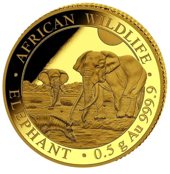 0,5 Gramm Goldmünze Somalia 2026 in Polierter Platte | Serie: African Wildlife - Motiv: Elefant