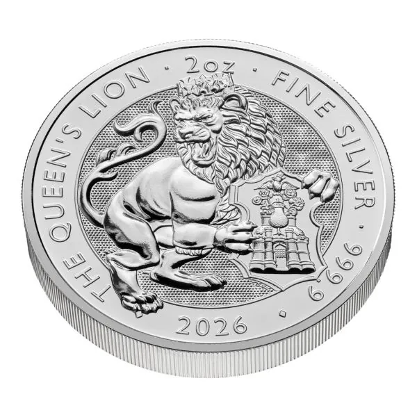 „Silbermünze 2026 aus Großbritannien mit dem Motiv ‚The Queen’s Lion‘. Majestätischer Löwe in detailreicher Prägung, 2-Unzen-Format, glatter Rand, hochwertige Silberoberfläche.“