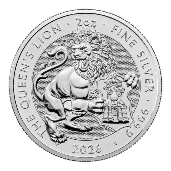 „Silbermünze 2026 aus Großbritannien mit dem Motiv ‚The Queen’s Lion‘. Majestätischer Löwe in detailreicher Prägung, 2-Unzen-Format, glatter Rand, hochwertige Silberoberfläche.“