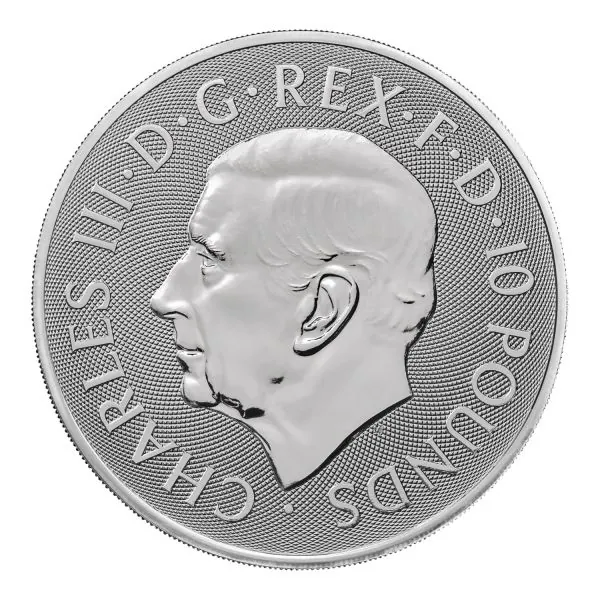 Zweiseitige 10-Unzen-Silbermünze mit dem Greyhound of Richmond – dargestellt als majestätischer Windhund mit Schild – auf der Motivseite. Rückseite zeigt das offizielle Porträt von König Charles III., inklusive Prägejahr, Nominalwert und Feingehalt.