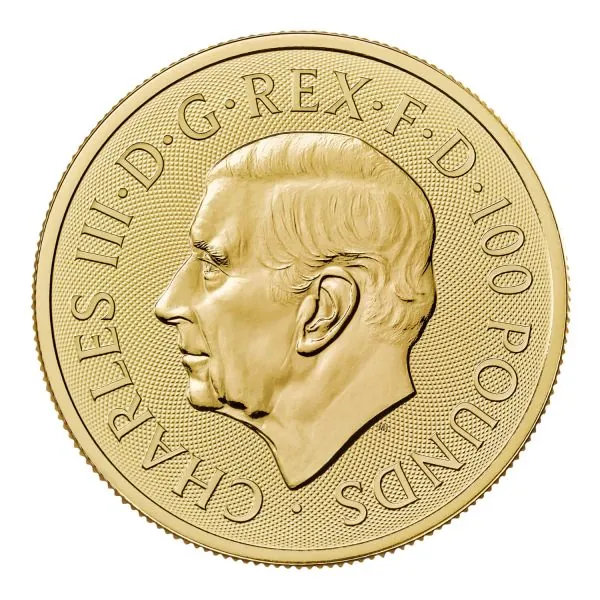 „Goldmünze 1 oz Großbritannien 2026 mit Motiv ‚The Queen’s Lion‘ aus der Royal Tudor Beasts Collection. Glänzende 999,9-Goldoberfläche, detailreiche heraldische Prägung, rundes Münzformat.“