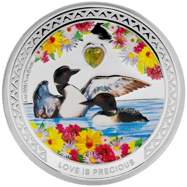 1 oz Silbermünze Niue 2026 in Polierter Platte, romantisches Motiv mit zwei Great Northern Divers, verziert mit farbigen Ornamenten und einem eingesetzten Zirkonia-Stein. Verpackt im hochwertigen Etui mit farbigem Umkarton.