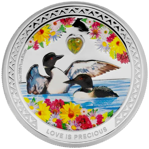 1 oz Silbermünze Niue 2026 in Polierter Platte, romantisches Motiv mit zwei Great Northern Divers, verziert mit farbigen Ornamenten und einem eingesetzten Zirkonia-Stein. Verpackt im hochwertigen Etui mit farbigem Umkarton.