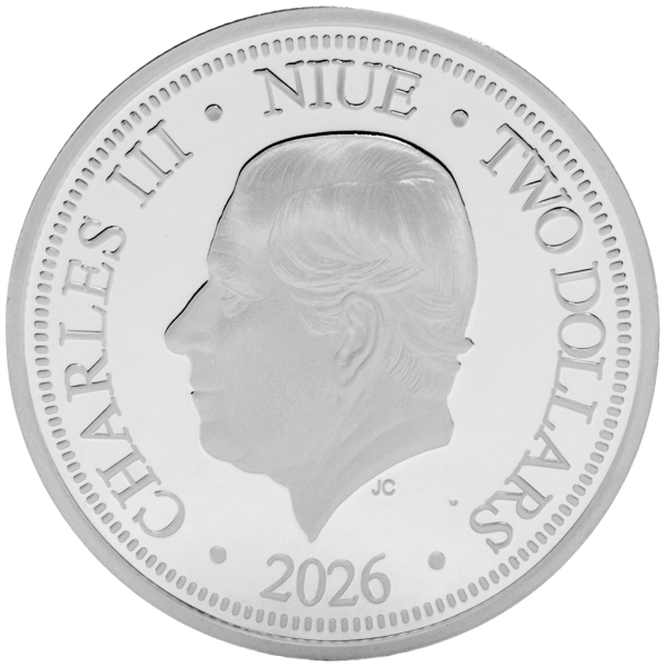 1 oz Silbermünze Niue 2026 in Polierter Platte, romantisches Motiv mit zwei Great Northern Divers, verziert mit farbigen Ornamenten und einem eingesetzten Zirkonia-Stein. Verpackt im hochwertigen Etui mit farbigem Umkarton.