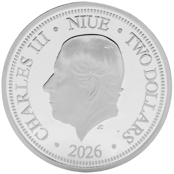 1 oz Silbermünze Niue 2026 in Polierter Platte, romantisches Motiv mit zwei Great Northern Divers, verziert mit farbigen Ornamenten und einem eingesetzten Zirkonia-Stein. Verpackt im hochwertigen Etui mit farbigem Umkarton.