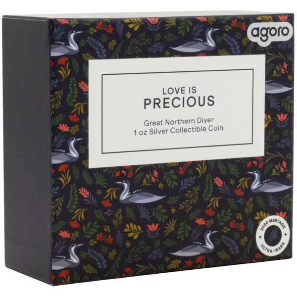 1 oz Silbermünze Niue 2026 in Polierter Platte, romantisches Motiv mit zwei Great Northern Divers, verziert mit farbigen Ornamenten und einem eingesetzten Zirkonia-Stein. Verpackt im hochwertigen Etui mit farbigem Umkarton.