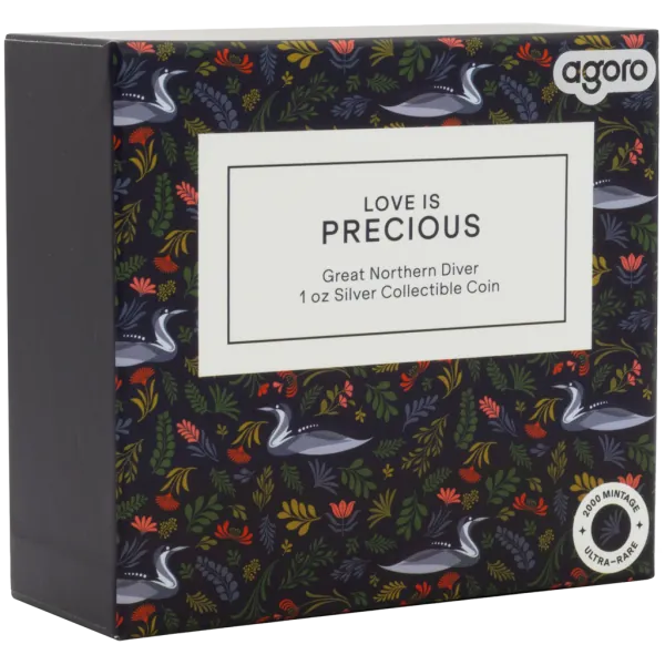 1 oz Silbermünze Niue 2026 in Polierter Platte, romantisches Motiv mit zwei Great Northern Divers, verziert mit farbigen Ornamenten und einem eingesetzten Zirkonia-Stein. Verpackt im hochwertigen Etui mit farbigem Umkarton.