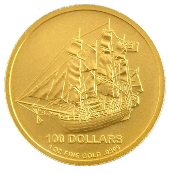 1 Unze Goldmünze Cook Islands 2009, Motivseite mit detailliert geprägtem Bounty-Schiff; Vorderseite mit Porträt von Königin Elizabeth II.; goldglänzende Anlageprägung aus 999 Feingold.