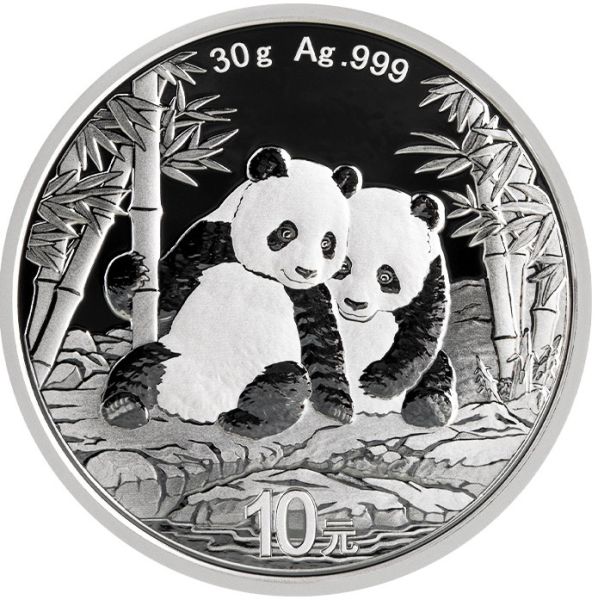 Silbermünze China Panda 2026, 30 g, mit Panda-Motiv auf der Vorderseite und dem Himmelstempel von Peking auf der Rückseite