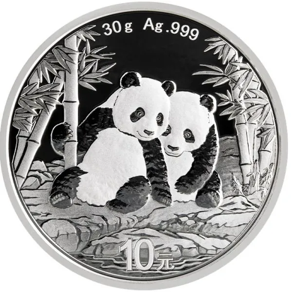 Silbermünze China Panda 2026, 30 g, mit Panda-Motiv auf der Vorderseite und dem Himmelstempel von Peking auf der Rückseite