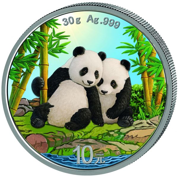 30 g Silbermünze China 2026 Panda in Farbe. Vorderseite mit dem Himmelstempel, Rückseite mit farbig gestaltetem Panda-Motiv.