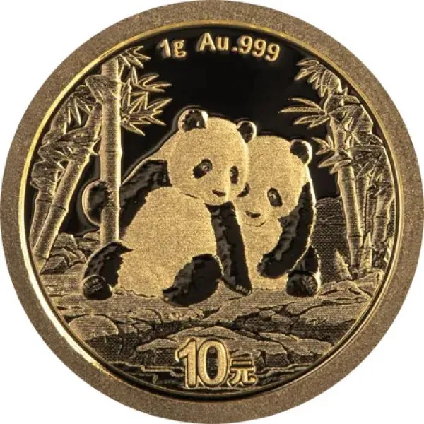 1 Gramm Goldmünze China 2026 mit Panda-Motiv, geprägt von der China Mint, Vorderseite mit Prägezeichen, Rückseite mit detailliertem Panda-Design.