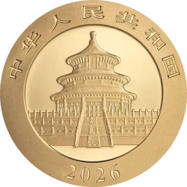 3 Gramm Goldmünze China 2026, Vorderseite mit Panda-Motiv, Rückseite mit Himmelstempel in Peking, geprägt von der China Mint, Bullionqualität 999 Feingold.