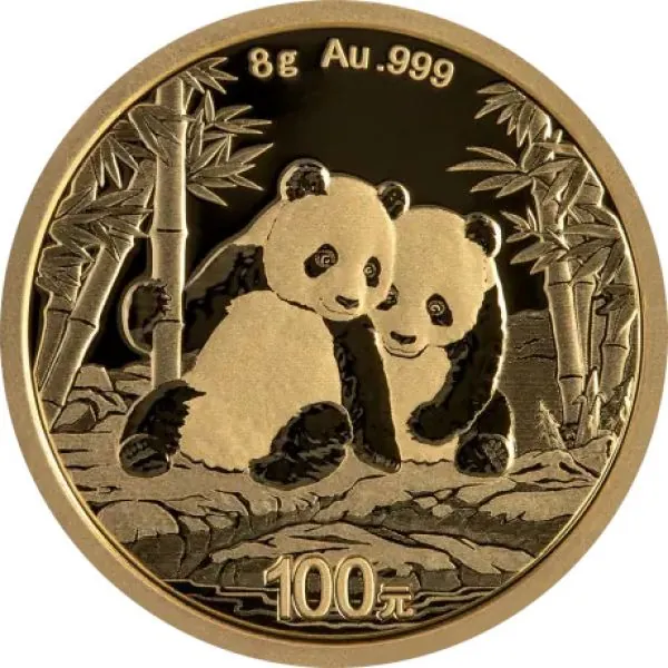 8 Gramm Goldmünze China 2026, Vorderseite mit Panda-Motiv, Rückseite mit Himmelstempel in Peking, geprägt von der China Mint, Bullionqualität 999 Feingold.