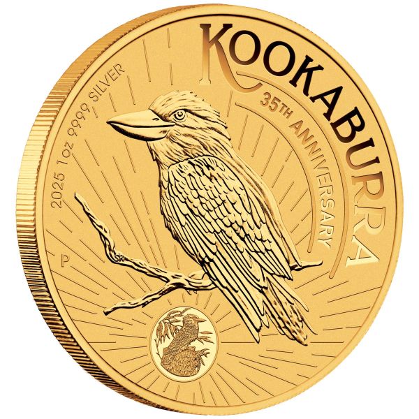 1-Unzen-Silbermünze Australien 2025, teilvergoldetes Kookaburra-Motiv, im offiziellen Sydney Money Expo ANDA Blister. Rückseite mit Porträt und Nennwert, hochwertige Sonderedition der Perth Mint.