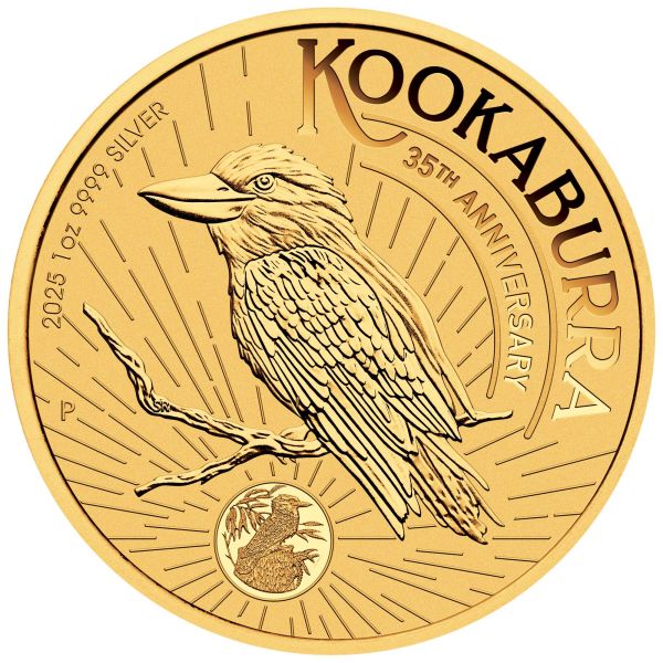 1-Unzen-Silbermünze Australien 2025, teilvergoldetes Kookaburra-Motiv, im offiziellen Sydney Money Expo ANDA Blister. Rückseite mit Porträt und Nennwert, hochwertige Sonderedition der Perth Mint.