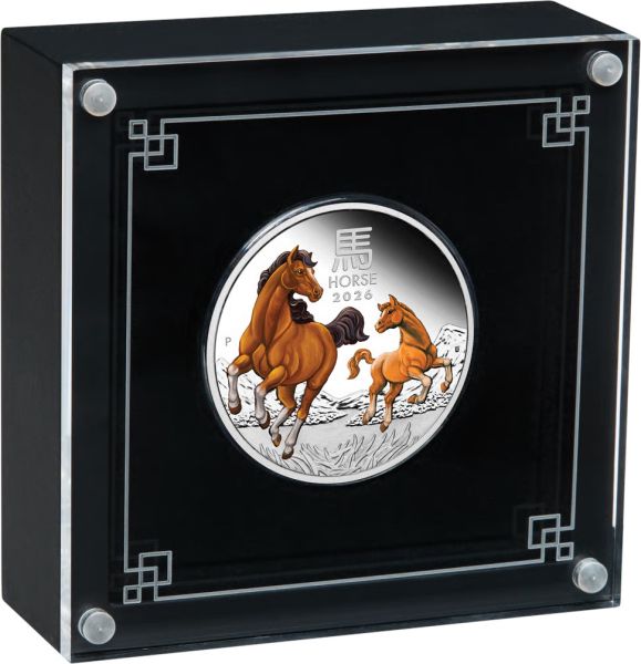 1 Unze Silbermünze Australien 2026 Polierter Platte in Farbe - Lunar Serie 3 - Motiv: PFERD ( Perth Mint ) *