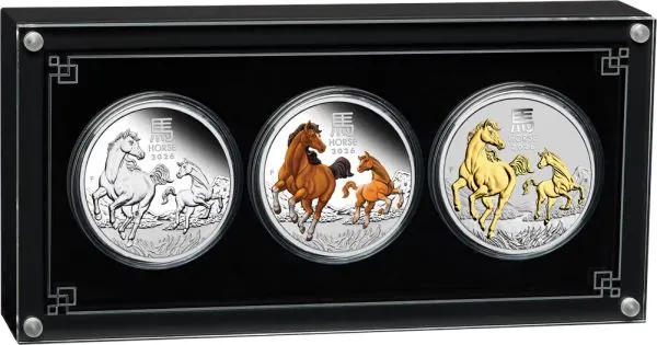 Australien 3 x 1 Unze Silbermünzen TRIO SET 2026 - Lunar Serie 3 - Motiv: PFERD ( Perth Mint ) °