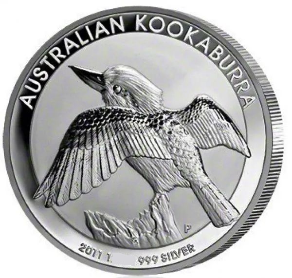 1-Unzen-Silbermünze Australien 2011 mit Kookaburra-Motiv, geprägt von der Perth Mint. Darstellung eines Kookaburra in einer natürlichen Szenerie, Silber in Bullionqualität.