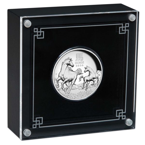1-Unzen-Silbermünze Australien 2026 in High-Relief-Prägung mit Polierter Platte. Pferd-Motiv der Lunar Serie 3, stark vertiefte Prägung, spiegelnde Proof-Flächen, Ausgabe der Perth Mint.