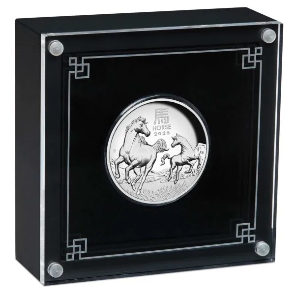 1-Unzen-Silbermünze Australien 2026 in High-Relief-Prägung mit Polierter Platte. Pferd-Motiv der Lunar Serie 3, stark vertiefte Prägung, spiegelnde Proof-Flächen, Ausgabe der Perth Mint.
