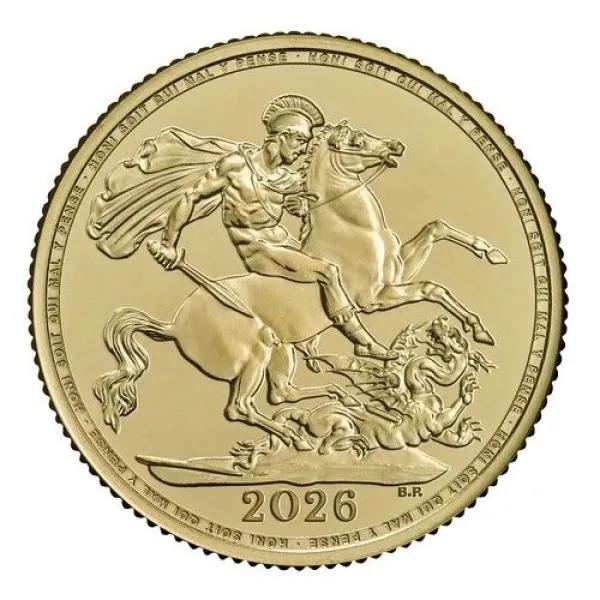 Goldmünze Großbritannien 2026 mit St.-George-und-Drache-Motiv auf der Vorderseite. Rückseite zeigt König Charles III. mit Latentbild und Halbton-Effekt im Randbereich. Mikrogravur am Münzrand der Vorderseite.