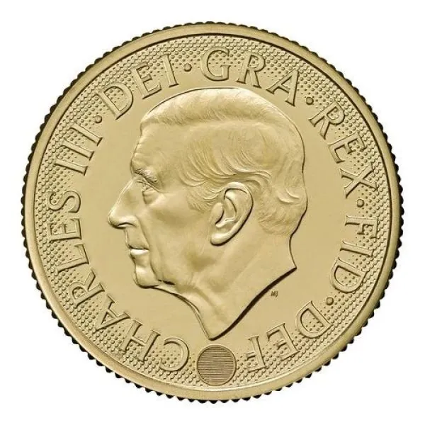 Goldmünze Großbritannien 2026 mit St.-George-und-Drache-Motiv auf der Vorderseite. Rückseite zeigt König Charles III. mit Latentbild und Halbton-Effekt im Randbereich. Mikrogravur am Münzrand der Vorderseite.