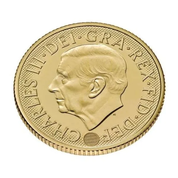 Goldmünze Großbritannien 2026 mit St.-George-und-Drache-Motiv auf der Vorderseite. Rückseite zeigt König Charles III. mit Latentbild und Halbton-Effekt im Randbereich. Mikrogravur am Münzrand der Vorderseite.