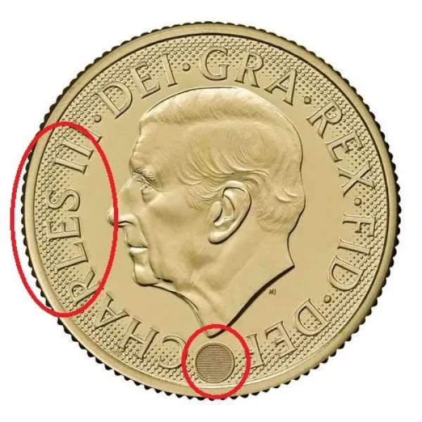 Goldmünze Großbritannien 2026 mit St.-George-und-Drache-Motiv auf der Vorderseite. Rückseite zeigt König Charles III. mit Latentbild und Halbton-Effekt im Randbereich. Mikrogravur am Münzrand der Vorderseite.