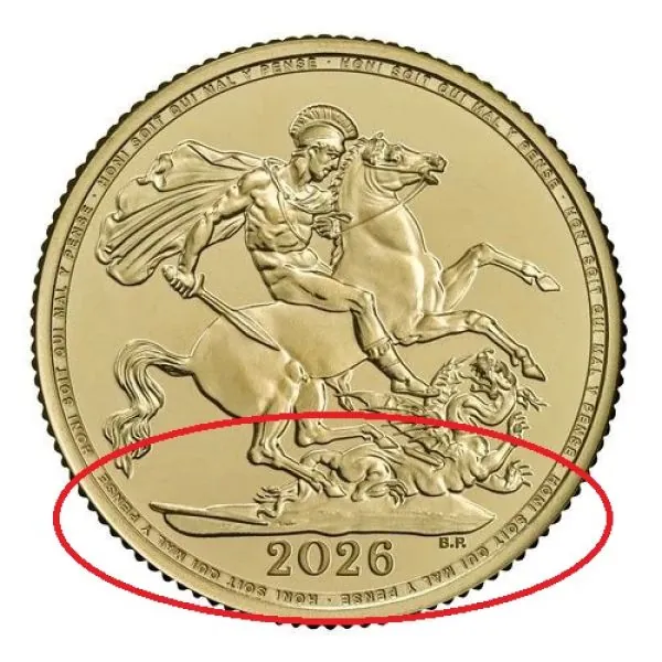 Goldmünze Großbritannien 2026 mit St.-George-und-Drache-Motiv auf der Vorderseite. Rückseite zeigt König Charles III. mit Latentbild und Halbton-Effekt im Randbereich. Mikrogravur am Münzrand der Vorderseite.
