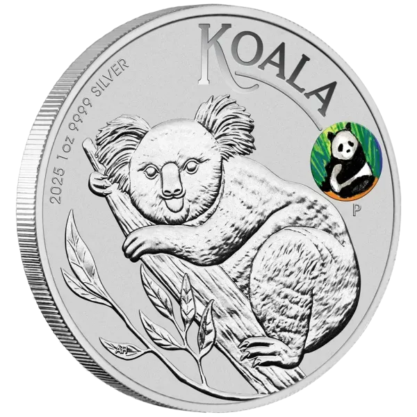 1-Unzen-Silbermünze Australien 2025 im offiziellen Blister. Motiv: Koala. Zusätzlich farbiges Panda-Privy-Mark. Limitierte Messeausgabe zur Beijing International Coin Expo.