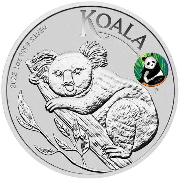 1-Unzen-Silbermünze Australien 2025 im offiziellen Blister. Motiv: Koala. Zusätzlich farbiges Panda-Privy-Mark. Limitierte Messeausgabe zur Beijing International Coin Expo.