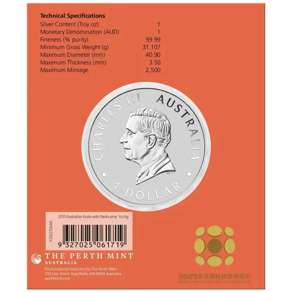 1-Unzen-Silbermünze Australien 2025 im offiziellen Blister. Motiv: Koala. Zusätzlich farbiges Panda-Privy-Mark. Limitierte Messeausgabe zur Beijing International Coin Expo.