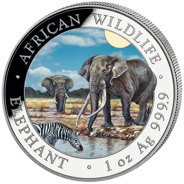 1-Unzen-Silbermünze Somalia 2026 mit farbigem Elefantenmotiv aus der African Wildlife Series. Hochdetailliertes Motiv, farbveredelte Gestaltung.“