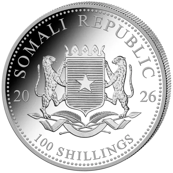 1-Unzen-Silbermünze Somalia 2026 mit farbigem Elefantenmotiv aus der African Wildlife Series. Hochdetailliertes Motiv, farbveredelte Gestaltung.“
