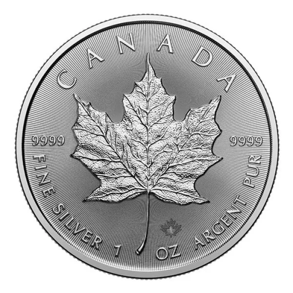 1 Unze Silbermünze Kanada 2026 Maple Leaf mit Ahornblatt-Motiv, geprägt von der Royal Canadian Mint, inklusive Sicherheitslinien und Mikro-Laserzeichen, Vorderseite mit dem Porträt von König Charles III.