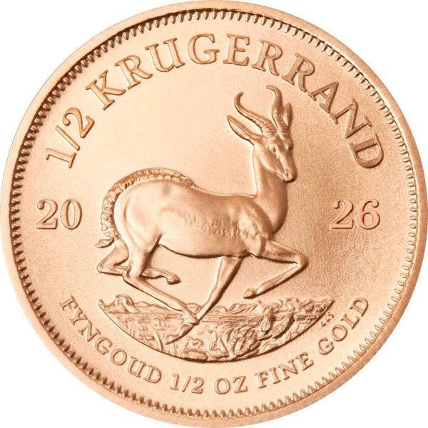 1/2 Unze Goldmünze Südafrika 2026 Krügerrand, Vorderseite mit Porträt von Paul Kruger, Rückseite mit springendem Nashorn, geprägt von der South African Mint, beliebte Investment-Goldmünze