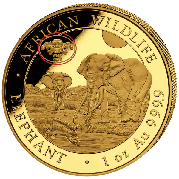 Unze Goldmünze Somalia 2026 Elefant mit Botanical Garden Privy Mark zur World Money Fair Berlin, geprägt in 999,9 Feingold, geliefert im Etui mit durchnummeriertem Zertifikat.