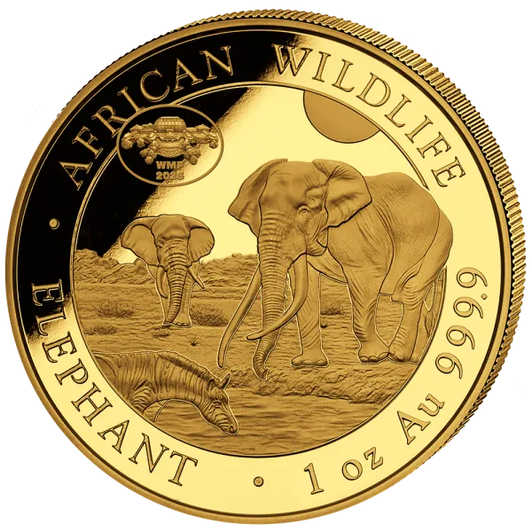 Unze Goldmünze Somalia 2026 Elefant mit Botanical Garden Privy Mark zur World Money Fair Berlin, geprägt in 999,9 Feingold, geliefert im Etui mit durchnummeriertem Zertifikat.