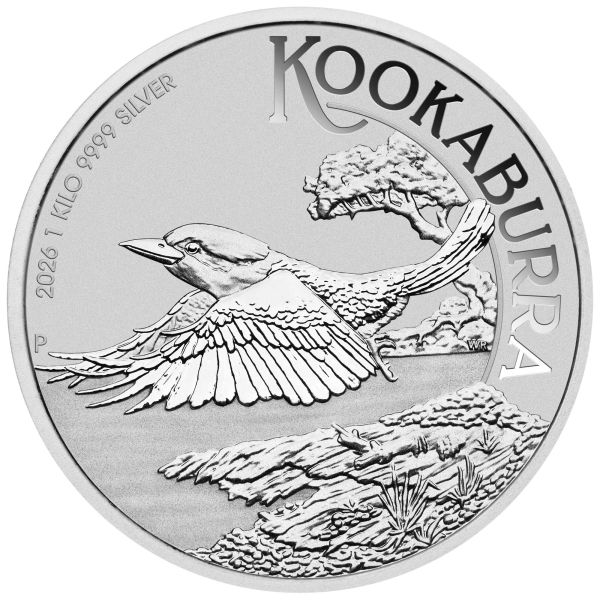 „1 Kilo Silbermünze Australien 2026 Kookaburra aus 999,9 Feinsilber, geprägt von der Perth Mint, großformatiges Kookaburra Motiv, einzeln in Münzkapsel verpackt.“