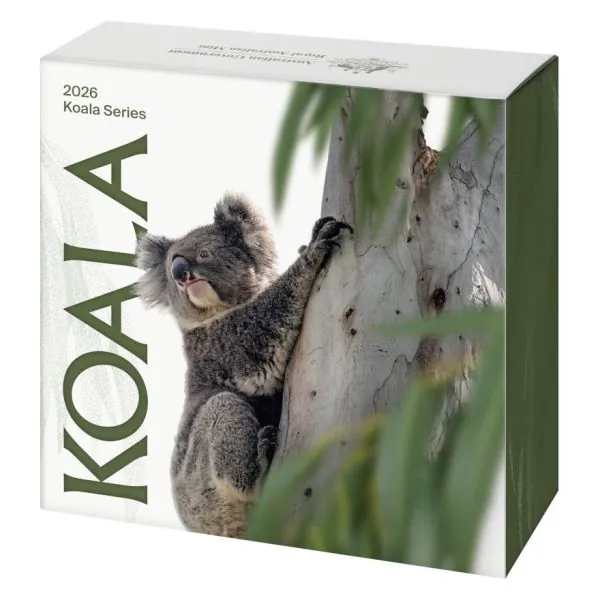 1 Unze Silbermünze Australien 2026 Koala High Relief Polierte Platte aus 999,9 Feinsilber, 3. Ausgabe der RAM Serie, Koala Motiv hochreliefiert, ausgeliefert in Münzetui mit Zertifikat und Umverpackung.