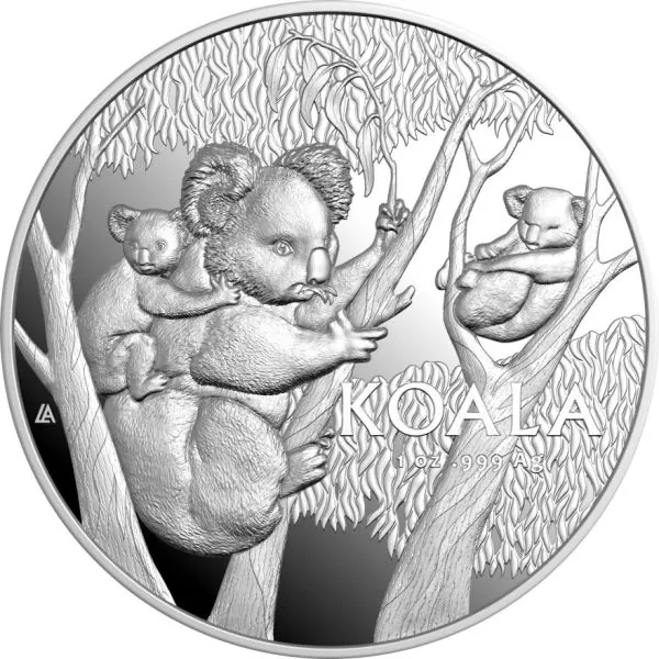 1 Unze Silbermünze Australien 2026 Koala High Relief Polierte Platte aus 999,9 Feinsilber, 3. Ausgabe der RAM Serie, Koala Motiv hochreliefiert, ausgeliefert in Münzetui mit Zertifikat und Umverpackung.