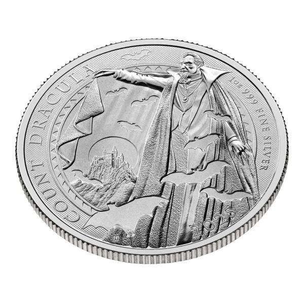 1 Unze Silbermünze Großbritannien 2025 Graf Dracula aus 999,9 Feinsilber, Rückseite mit Graf Dracula Motiv, Vorderseite mit offizieller Porträtprägung, ausgeliefert in Münzkapsel