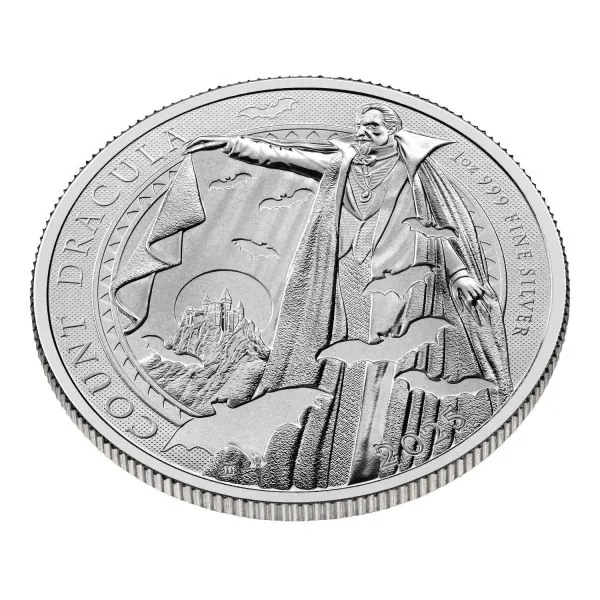 1 Unze Silbermünze Großbritannien 2025 Graf Dracula aus 999,9 Feinsilber, Rückseite mit Graf Dracula Motiv, Vorderseite mit offizieller Porträtprägung, ausgeliefert in Münzkapsel