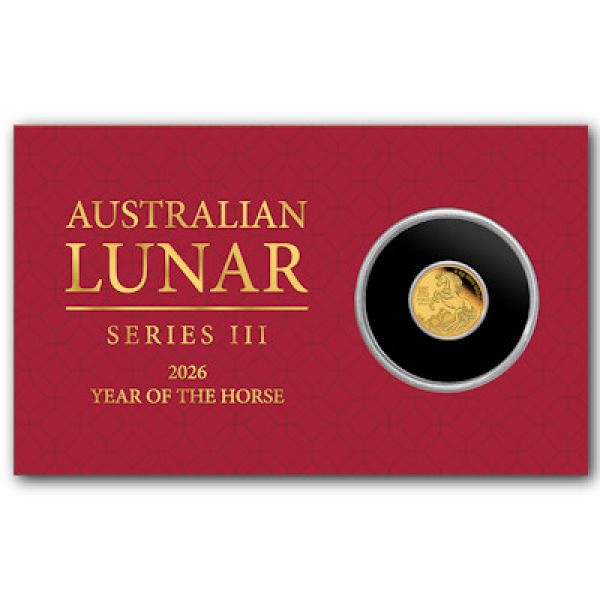 0,5 Gramm Goldmünze Australien 2026 Polierte Platte im Blister, Lunar Serie 3 Motiv Pferd aus 999,9 Feingold, geprägt von der Perth Mint.
