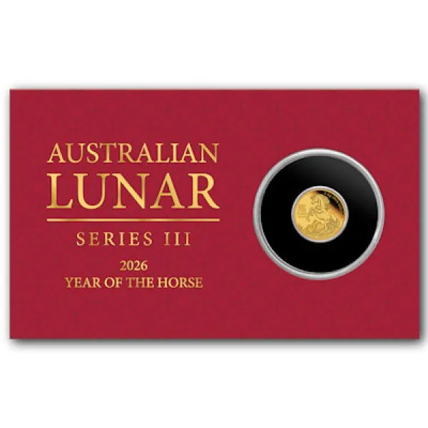 0,5 Gramm Goldmünze Australien 2026 Polierte Platte im Blister, Lunar Serie 3 Motiv Pferd aus 999,9 Feingold, geprägt von der Perth Mint.