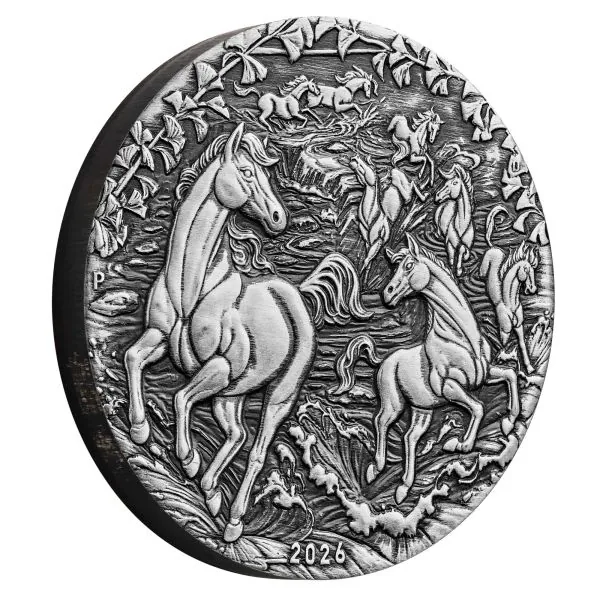 2 Unzen Silbermünze Australien 2026 Lunar Serie 3 Pferd in Antique Finish aus 999,9 Feinsilber, geprägt von der Perth Mint, ausgeliefert im Münzetui mit Zertifikat, weltweit auf 1.888 Stück limitiert.