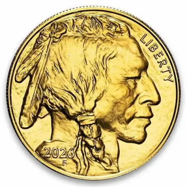 1 Unze Goldmünze USA 2026 Buffalo aus 999,9 Feingold, Vorderseite mit Indian Head Profil, Rückseite mit American Bison, geprägt von der United States Mint.