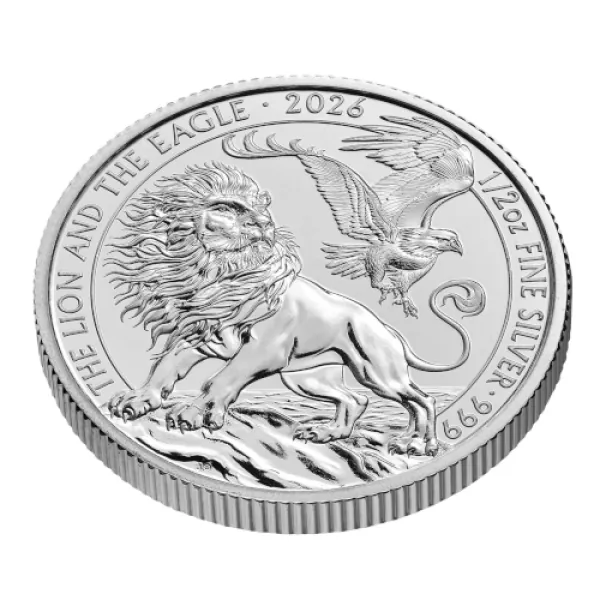 1/2 Unze Silbermünze Großbritannien 2026 mit dem Motiv Löwe und Adler, geprägt in 999er Feinsilber, Wertseite mit Porträt von König Charles III.