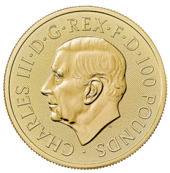 1 Unze Goldmünze Großbritannien 2026 mit dem Motiv Löwe und Adler, geprägt in 999,9er Gold, Wertseite mit Porträt von König Charles III.